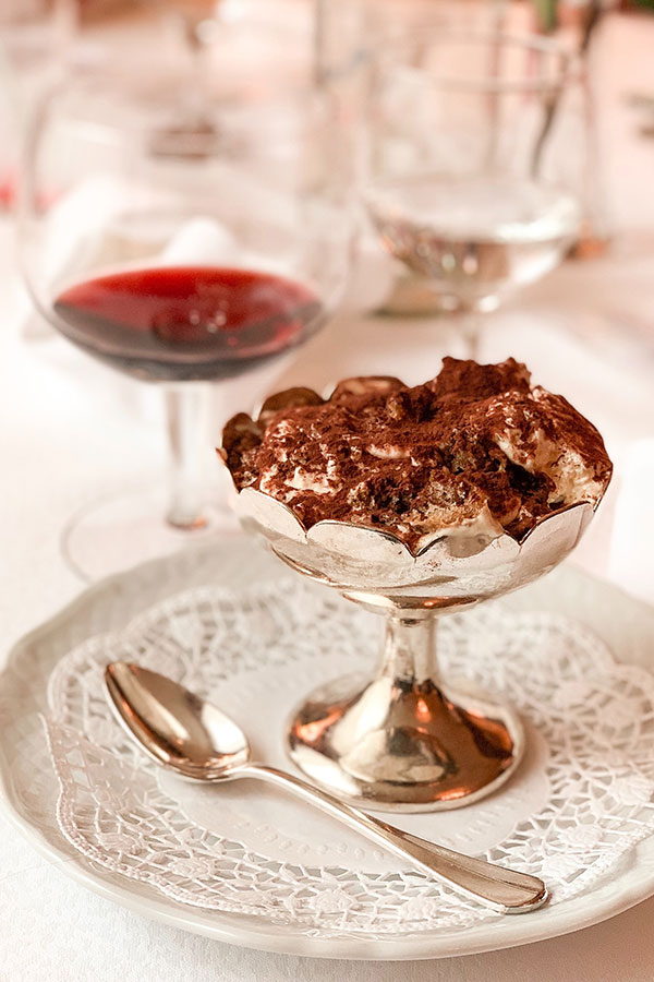 Red wine and chocolate dessert on a table
